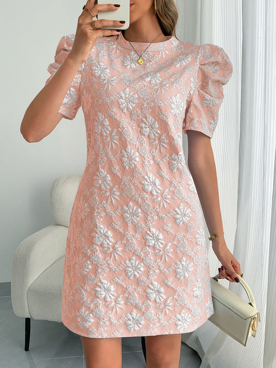 Damen Mini-Kleid mit Puffärmeln und floralem Stickdesign EB