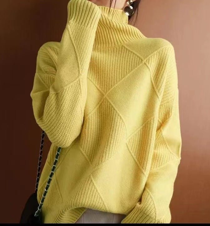 Damen hochwertiger Strickpullover mit stehendem Kragen und extravagantem Rautenmuster EB