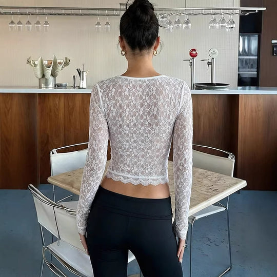 Damen Spitzentop mit langen Ärmeln und elegantem Schnitt EB