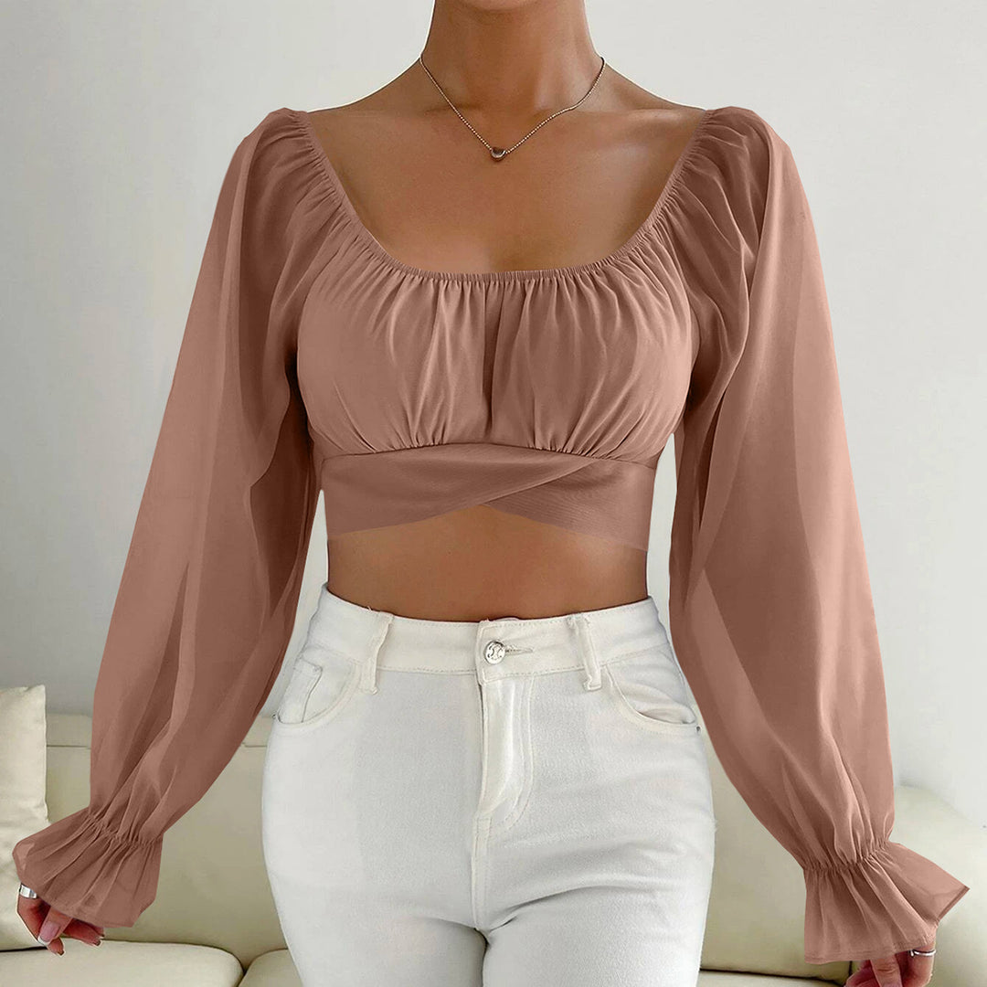 Damen Cropped Bluse mit Puffärmeln und raffiniertem Schnitt EB