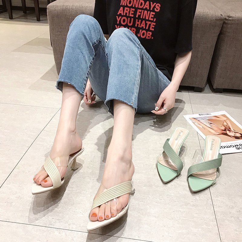 Damen elegante Flip-Flop-Sandalen mit transparenten Riemen und spitzem Zehenbereich EB