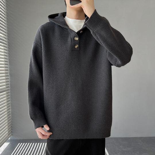 Herren Strickpullover mit Knopfleiste und Kapuze EB