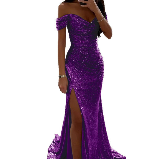 Damen Glitzerndes Off-Shoulder Abendkleid mit seitlichem Schlitz EB