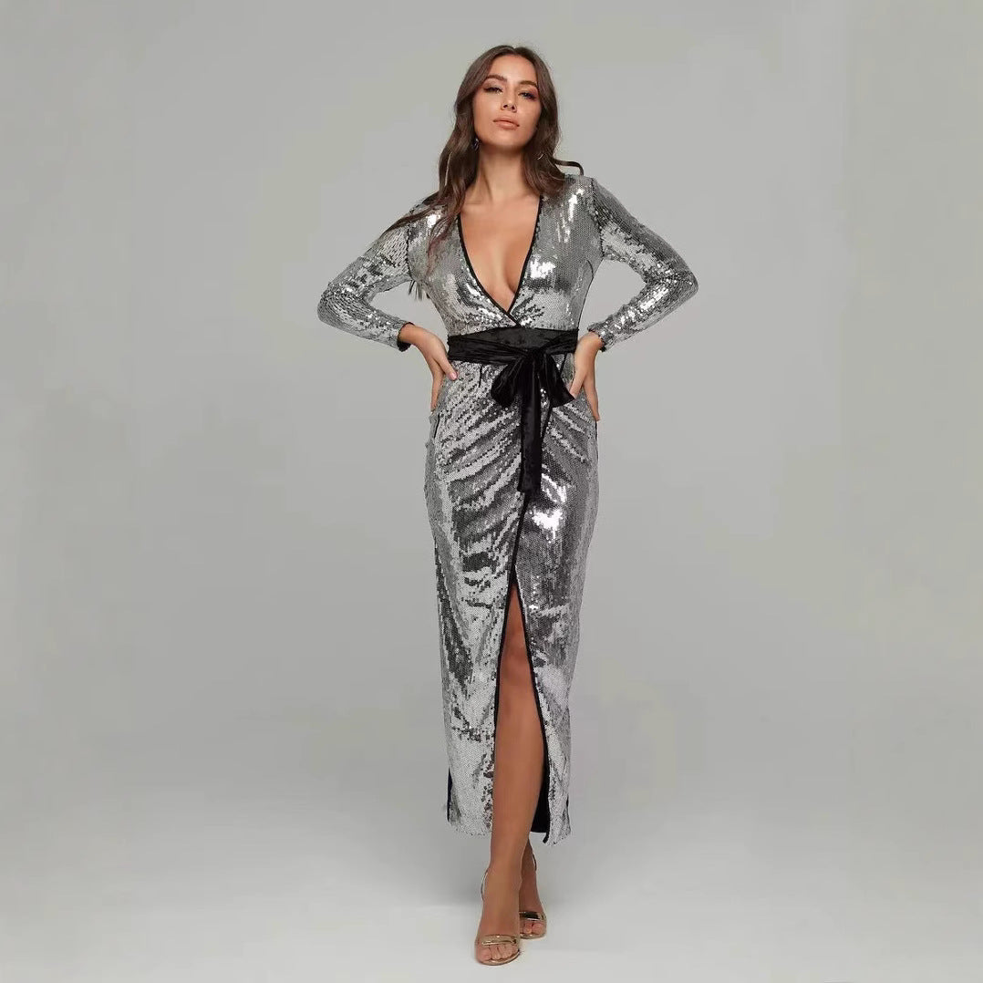 Damen Glamouröses Abendkleid mit tiefem V-Ausschnitt und seitlichem Schlitz EB