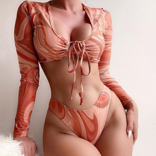 Damen Bikiniset mit langärmligem Oberteil und modischem Wickeldetail EB