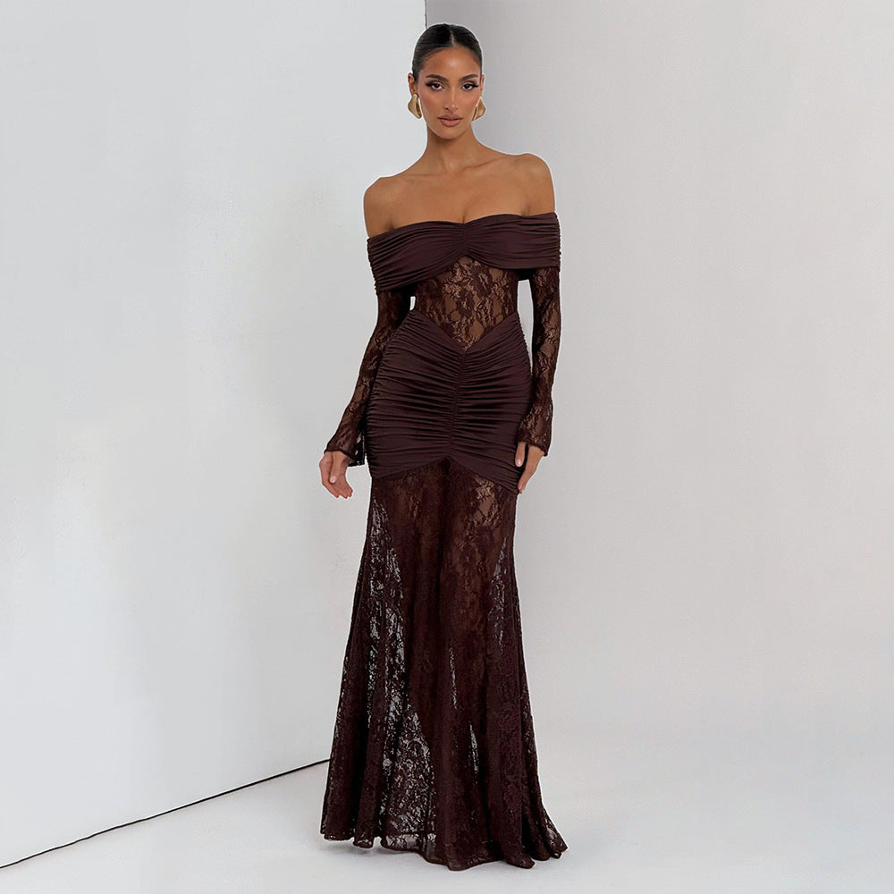 Damen elegantes Spitzenkleid mit Off-Shoulder-Ausschnitt und Raffungen EB