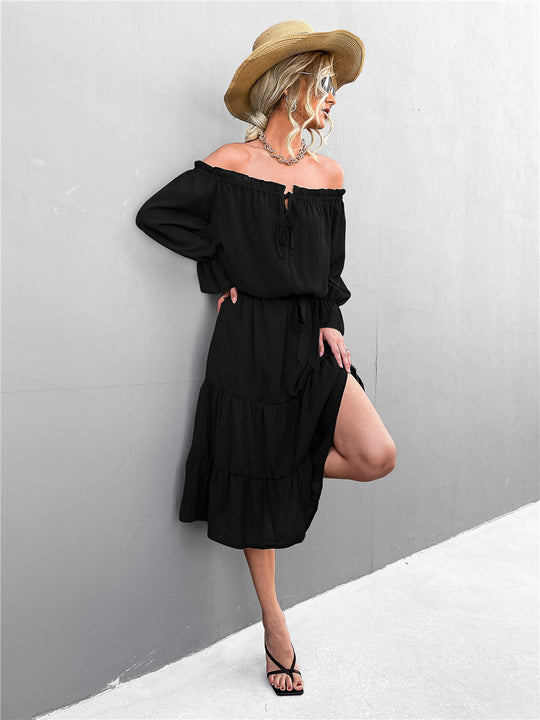 Damen lässiges Off-Shoulder Kleid mit Rüschensaum und Taillengürtel EB