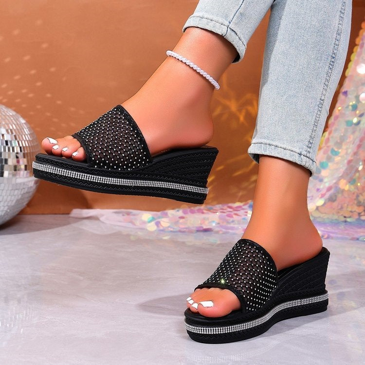 Damen glamouröse Wedge-Pantoletten mit funkelnden Strass-Applikationen EB