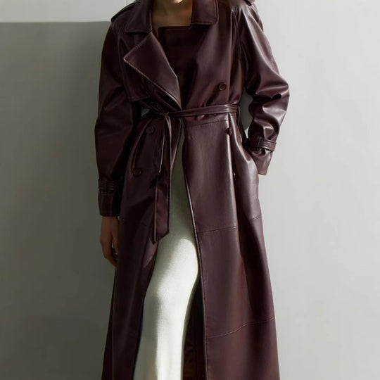 Damen Trenchcoat aus hochwertigem Kunstleder mit taillierbarem Gürtel EB