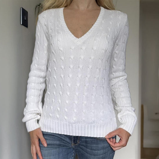 Damen nan Premium-Baumwollmix Zopfstrickpullover mit tiefem V-Ausschnitt und taillierter Silhouette EB
