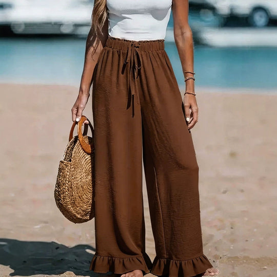 Damen Leichte Leinenhose mit weitem Bein und elastischem Bund EB