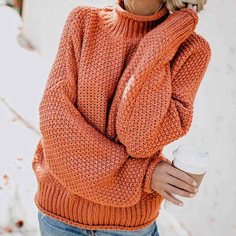 Damen Grobstrick Pullover mit Stehkragen und voluminösen Ärmeln EB