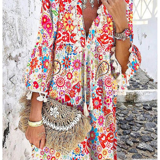 Damen Tunika-Kleid mit kreativem Print und Taschendetails EB