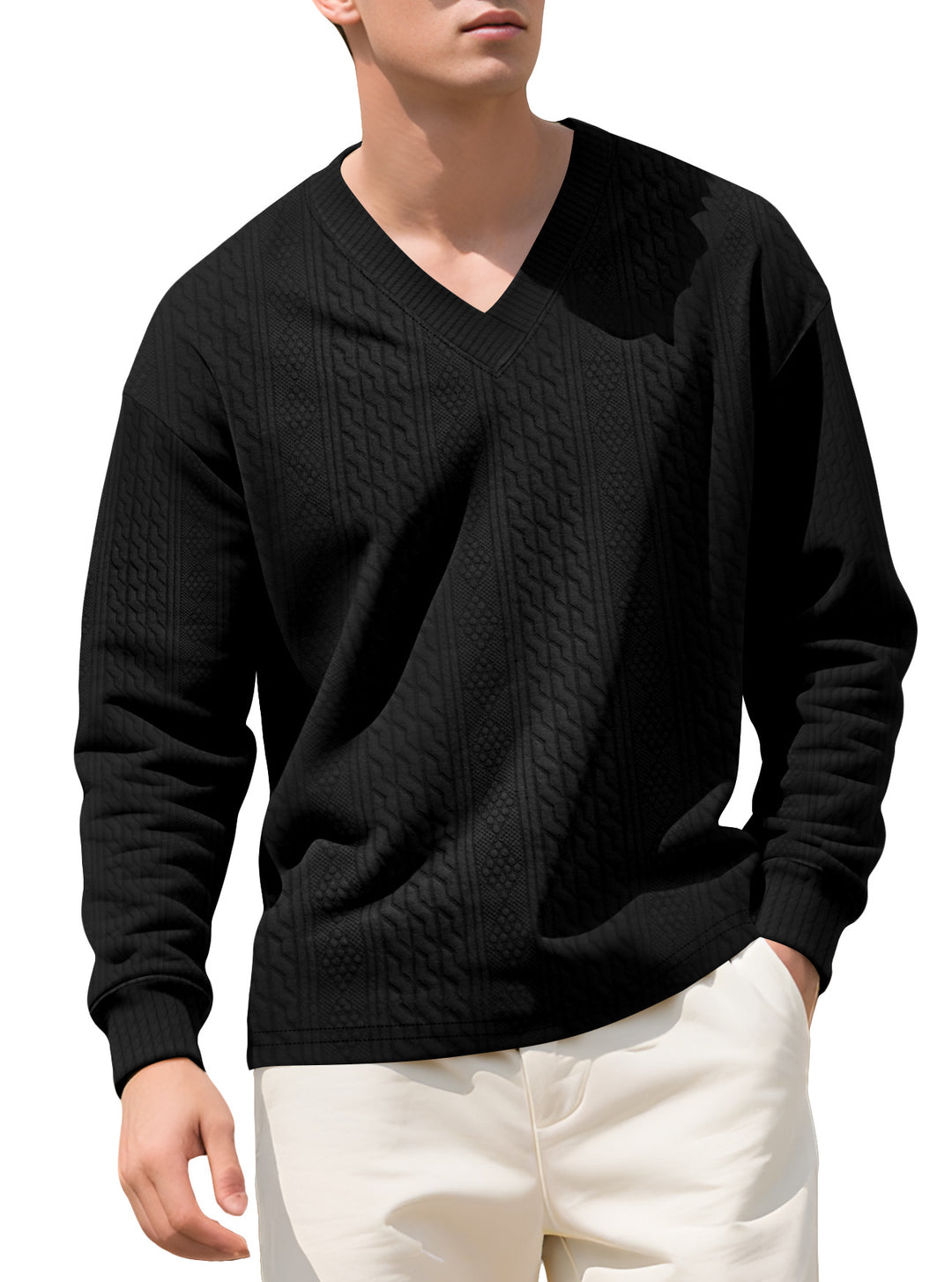 Herren nan strukturierter V-Ausschnitt Strickpullover mit Kabel- und Wabenmuster EB