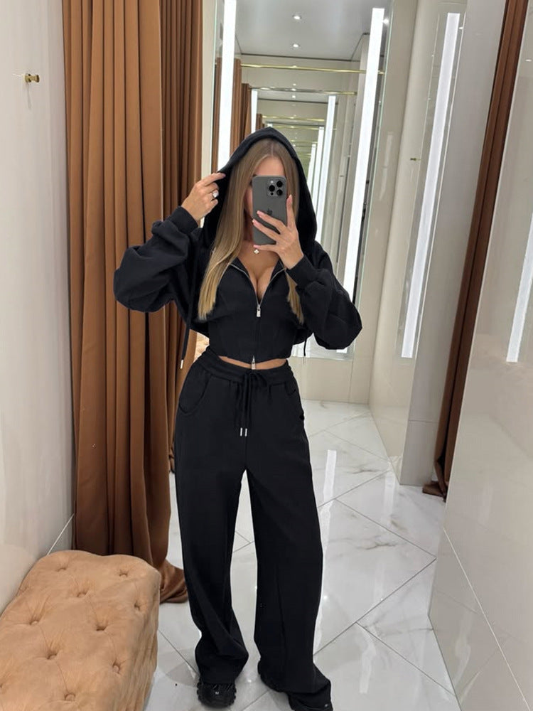 Damen nan kurzes Zip-Hoodie-Set mit Ballonärmeln und Highwaist Weitbein-Loungehose EB