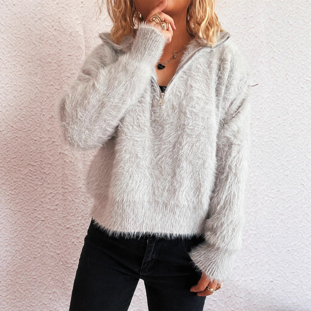 Damen kuscheliger Pullover mit hohem Kragen und Reißverschluss EB