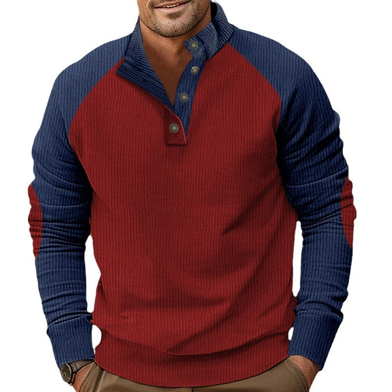 Herren Ripp-Pullover mit Knopfleiste und kontrastierenden Ärmeln EB