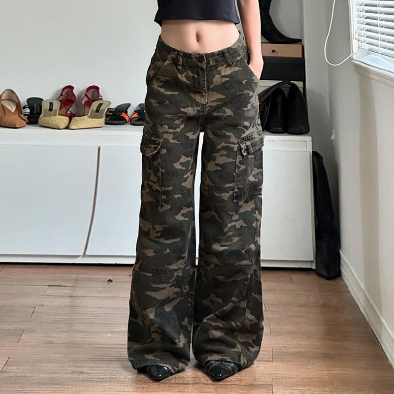 Damen nan weite Cargo-Hose mit Camouflage-Print, hoher Taille und mehreren aufgesetzten Beintaschen EB