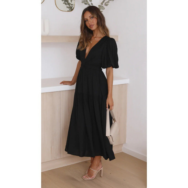 Damen Midi-Kleid mit Puffärmeln und tiefem V-Ausschnitt EB