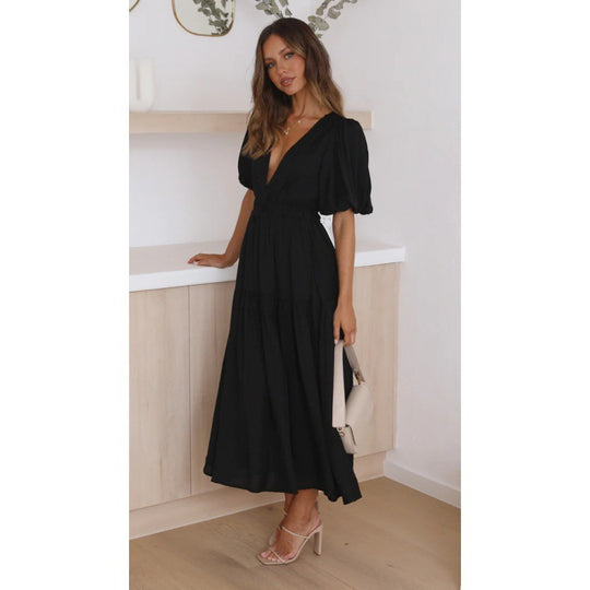 Damen Midi-Kleid mit Puffärmeln und tiefem V-Ausschnitt EB