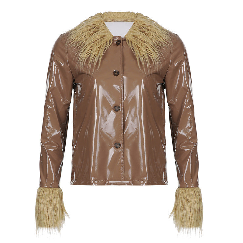 Damen modische Jacke mit luxuriösem Kunstpelzkragen und glänzender Oberfläche EB