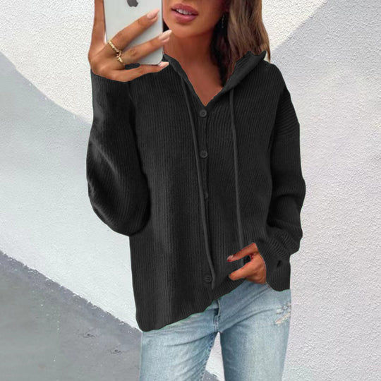 Damen Strickjacke mit Kapuze und Knopfleiste EB