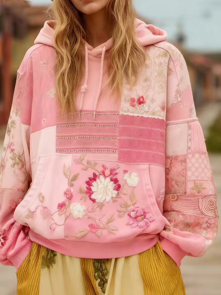 Damen Bestickter Patchwork-Kapuzenpullover mit Blumenapplikation und Kängurutasche EB
