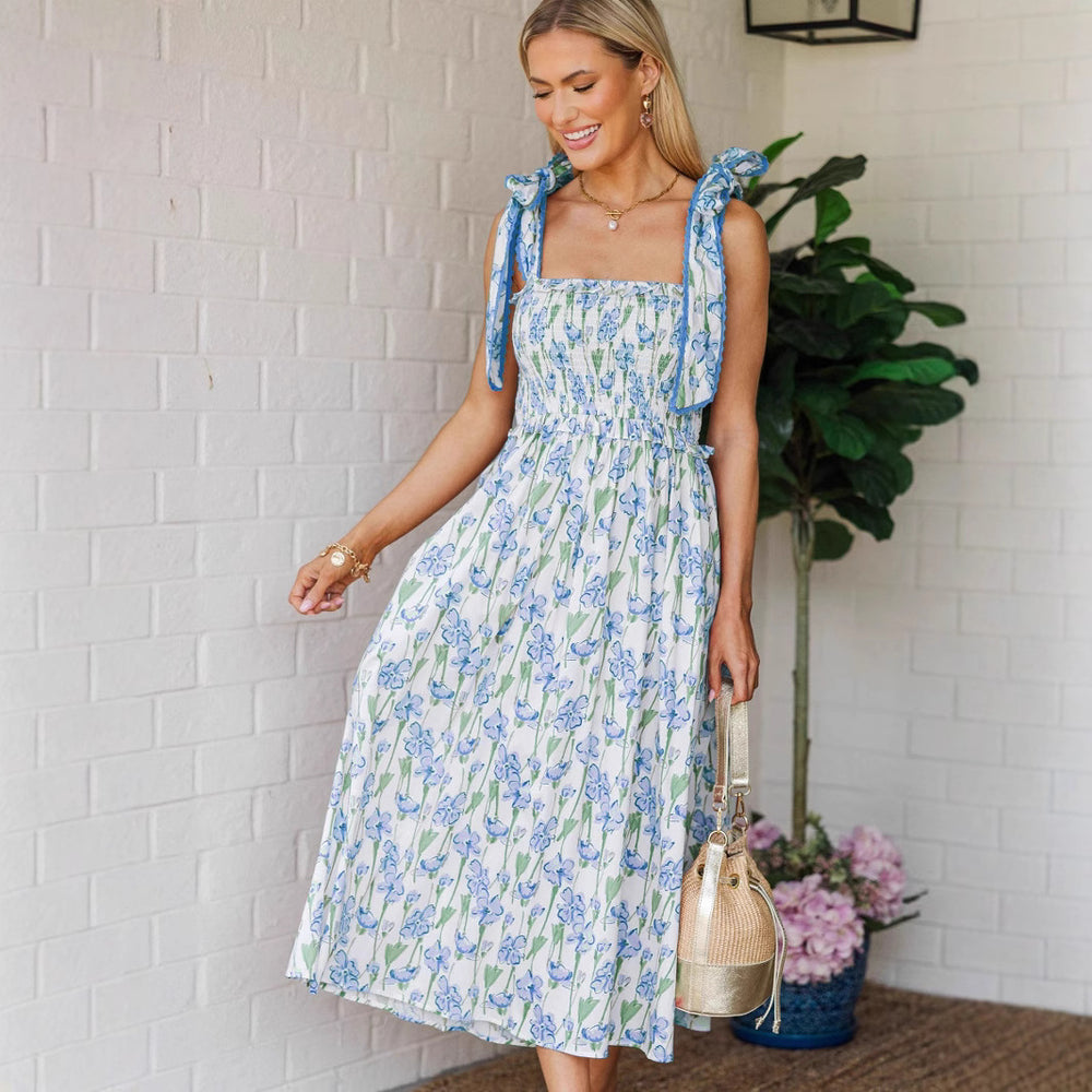 Damen Sommerkleid mit Raffung und schulterlangen Bindebändern EB