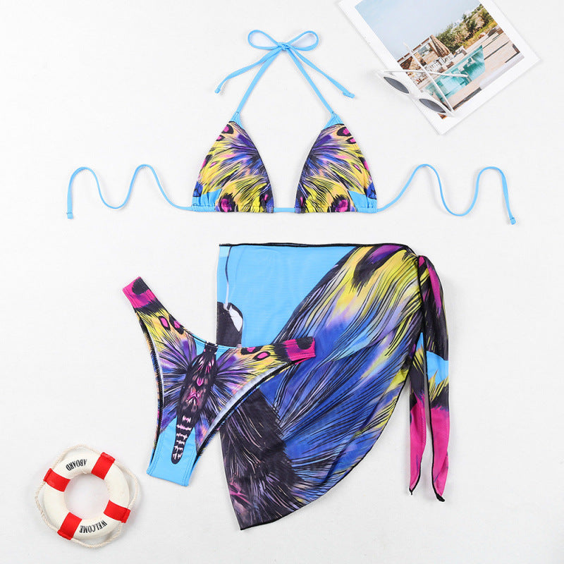 Damen Triangel-Bikini mit verspieltem Wickeldetail und buntem Tropenmotiv EB