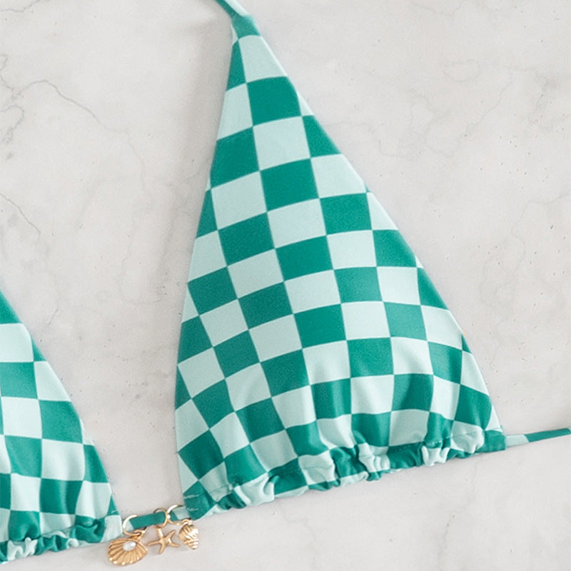 Damen Triangel-Bikini mit modernem Karodesign und verstellbaren Bändern EB