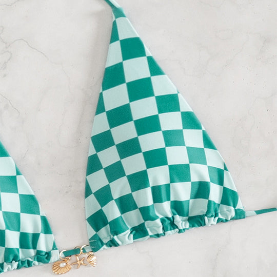 Damen Triangel-Bikini mit modernem Karodesign und verstellbaren Bändern EB