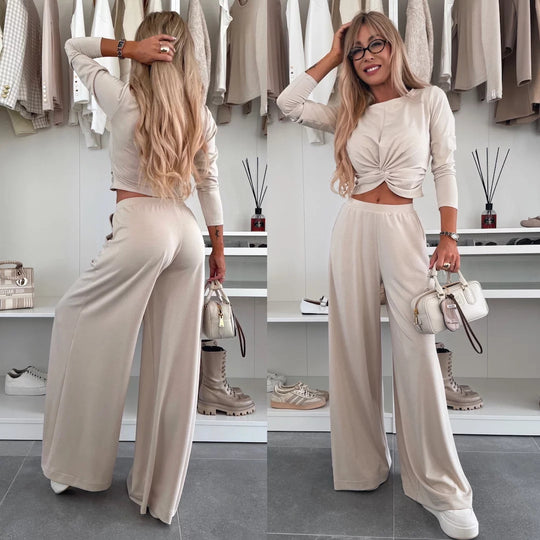 Damen figurnahes Twist-Cropped-Shirt mit weitem High-Waist Palazzo-Hose aus fließendem Jersey Eichborn Berlin