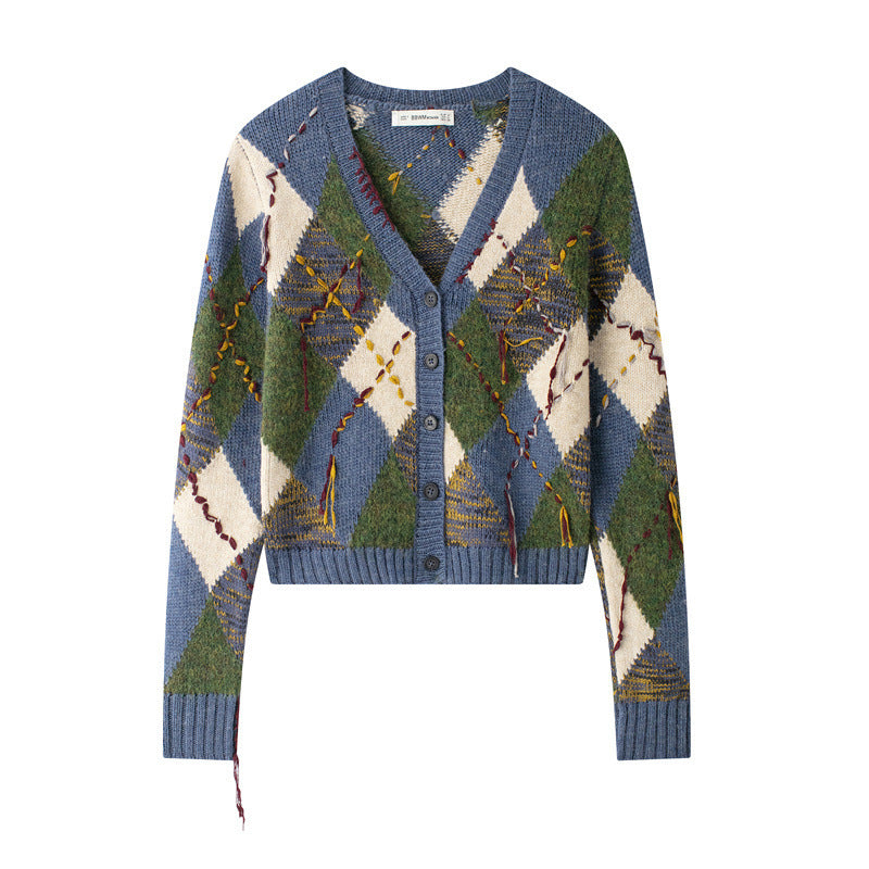 Damen Modische Strickjacke mit Zopfmuster und dekorativer Stickerei EB