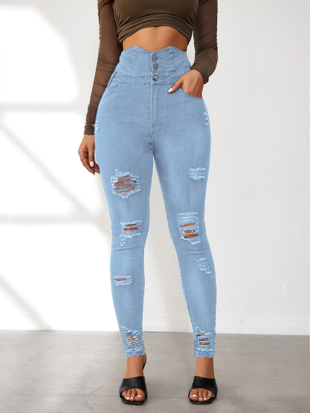 Damen High-Waist Jeans mit modischen Riss- und Knopfdetails EB