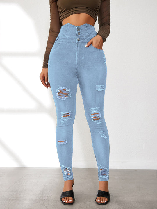 Damen High-Waist Jeans mit modischen Riss- und Knopfdetails EB