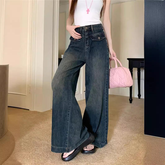 Damen Weit geschnittene Denim-Hose mit hohen Taschen und modischem Schnitt EB