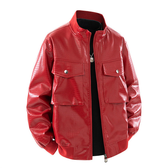 Herren Kunstleder Bomberjacke mit strukturiertem Design und praktischen Taschen EB