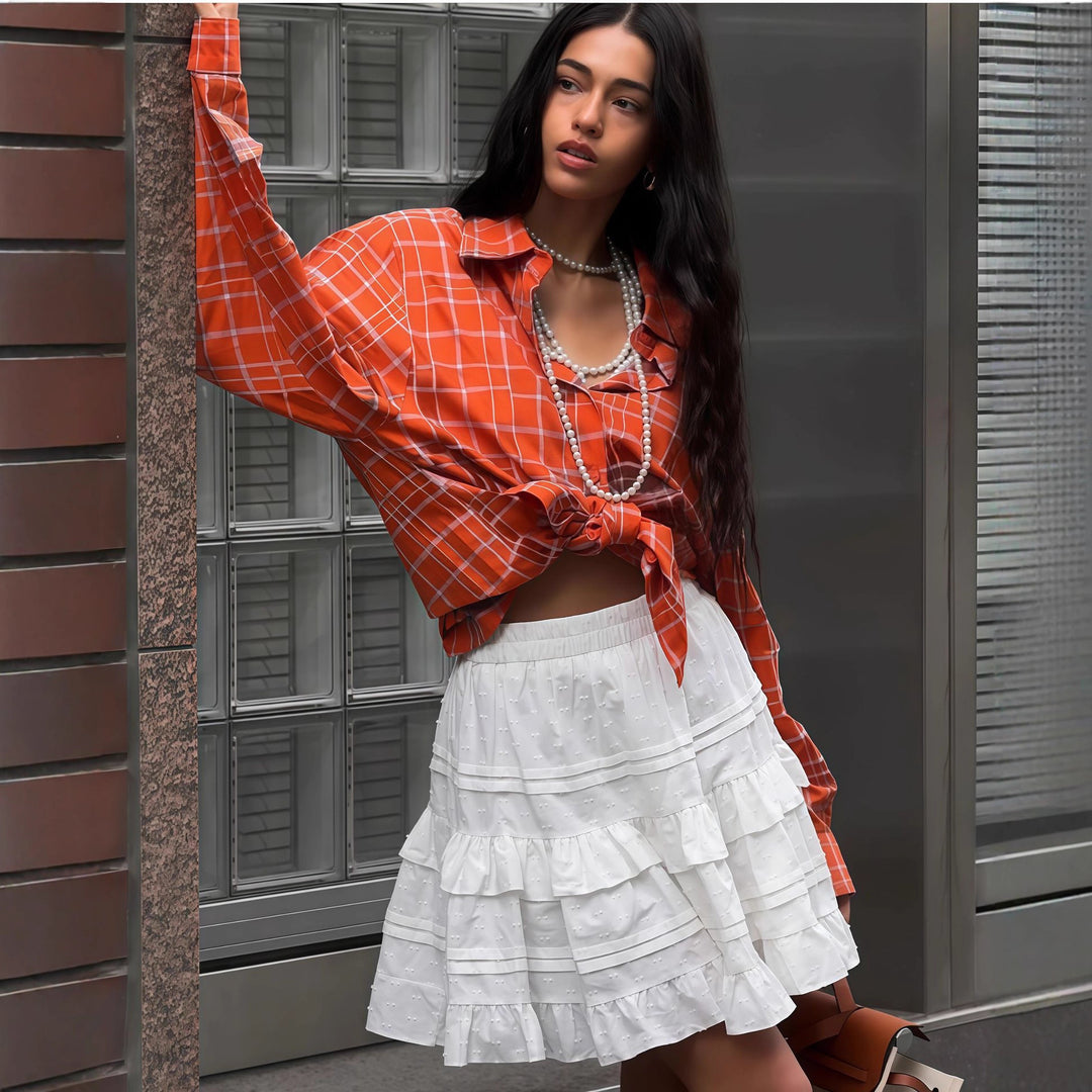 Damen Oversize-Musterhemd mit dekorativer Knopfleiste und lässigem Schnitt EB