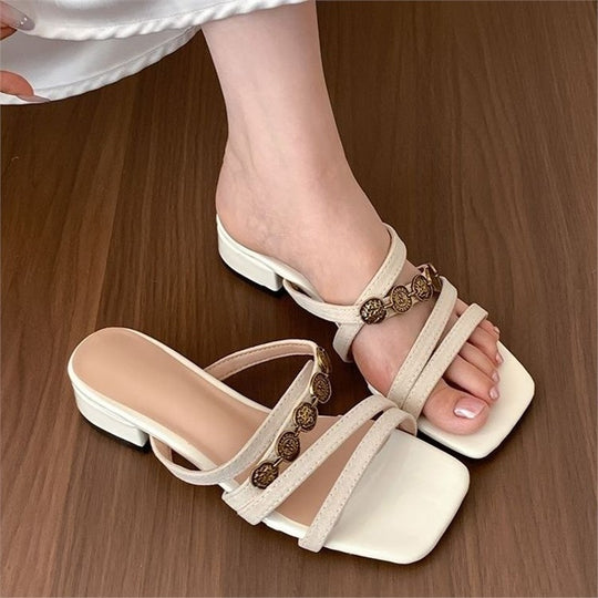 Damen modische Mules mit glamourösen Glitzerakzenten und breitem Riemen EB