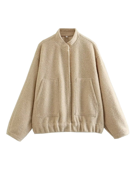 Damen modische Oversized-Jacke mit Stehkragen und seitlichen Taschen EB