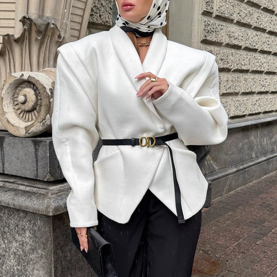 Damen Modischer Oversized-Wollmantel mit tailliertem Design und Gürtel EB