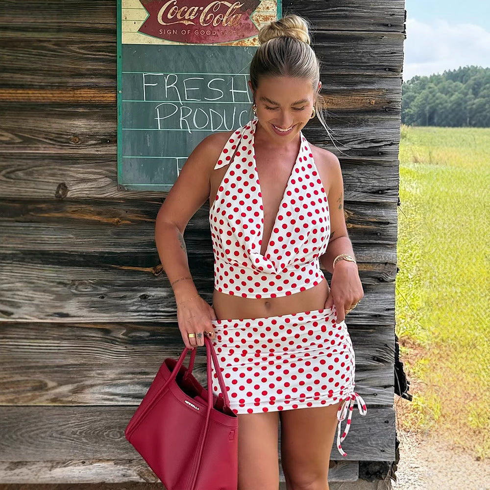 Damen Verspieltes Polka-Dot Top und Wickelrock Set EB