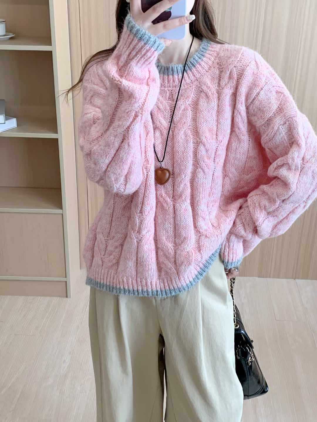 Damen Grob gestrickter Pullover mit Zopfmuster und Rundhalsausschnitt EB