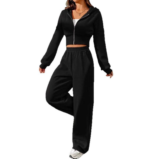 Damen nan kurzes Kapuzen-Sweatshirt mit Reißverschluss und weite High-Waist Jogginghose EB