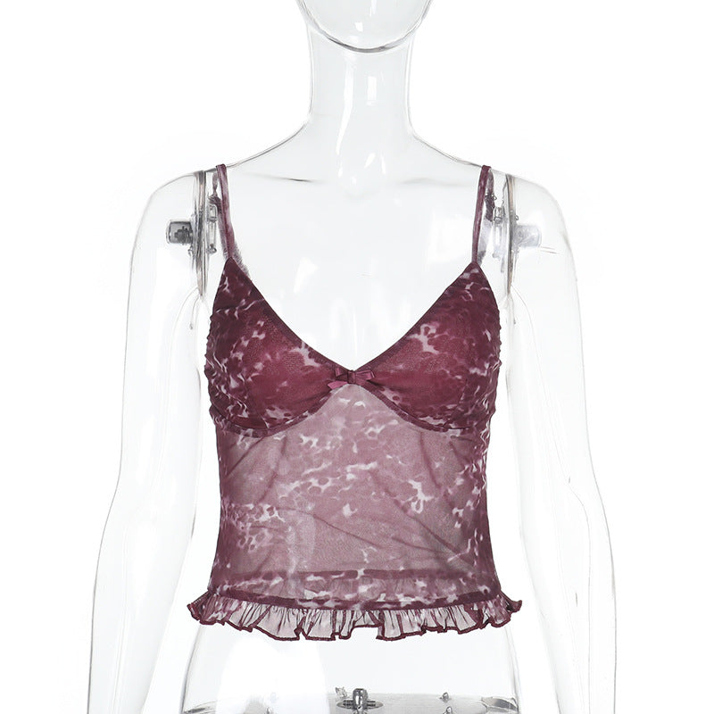 Damen Spaghetti-Träger-Top mit transparentem Obermaterial und Rüschendetail EB