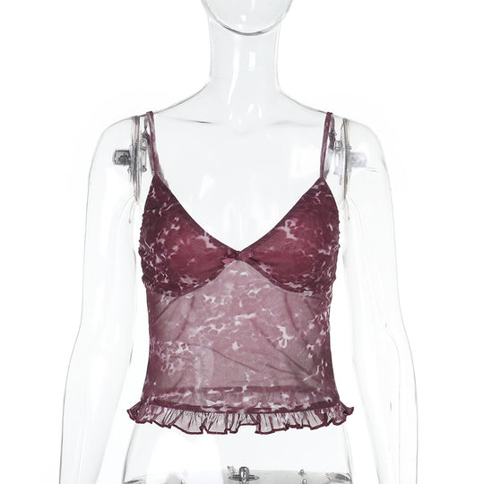 Damen Spaghetti-Träger-Top mit transparentem Obermaterial und Rüschendetail EB