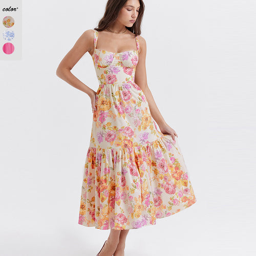Damen Boho Maxikleid mit romantischem Blumendruck und voluminösem Rock EB