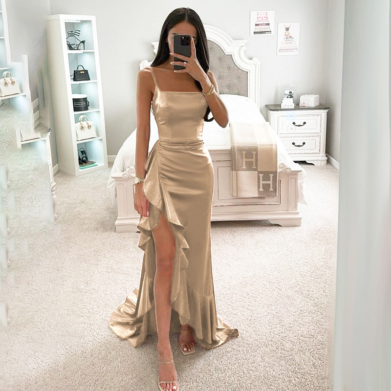 Damen elegantes Maxikleid mit asymmetrischem Rüschensaum und taillierter Silhouette EB