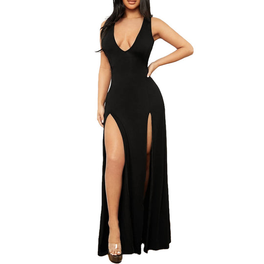 Damen Elegantes Maxikleid mit tiefem V-Ausschnitt und seitlichen Schlitzen EB