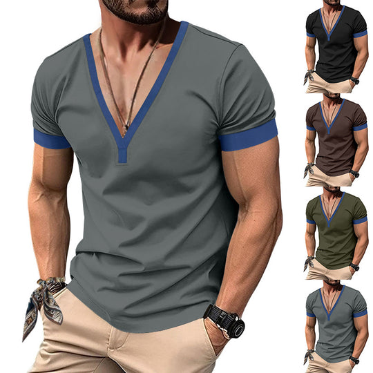 Herren V-Ausschnitt T-Shirt mit kontrastierenden Ärmeln und atmungsaktiver Baumwolle EB